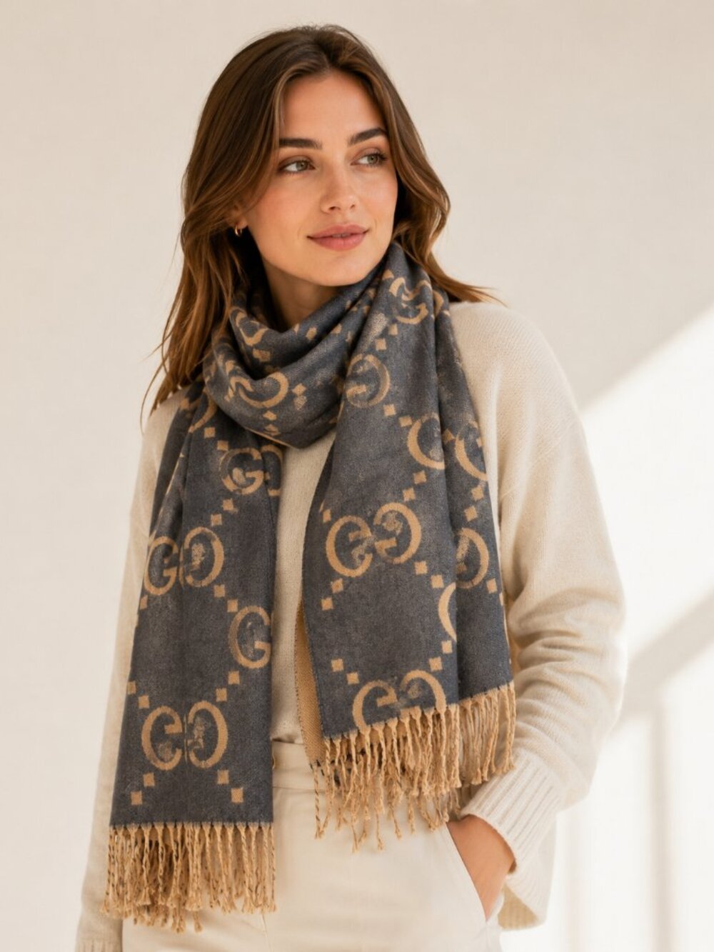 Cashmere Silk Fringe Scarf Gray Tan Monogram Print Wrap Shawl